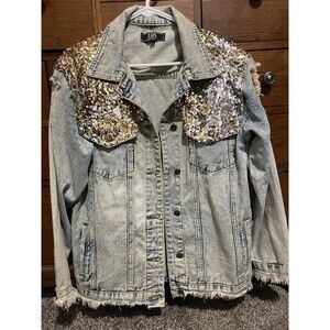 Lucky & Blessed L & B Sequin Denim Jean Jacket Distressed Frayed Women's Size Sm